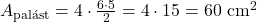 A_{\text{palást}} = 4 \cdot \frac{6 \cdot 5}{2} = 4 \cdot 15 = 60 \text{ cm}^2