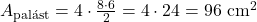 A_{\text{palást}} = 4 \cdot \frac{8 \cdot 6}{2} = 4 \cdot 24 = 96 \text{ cm}^2